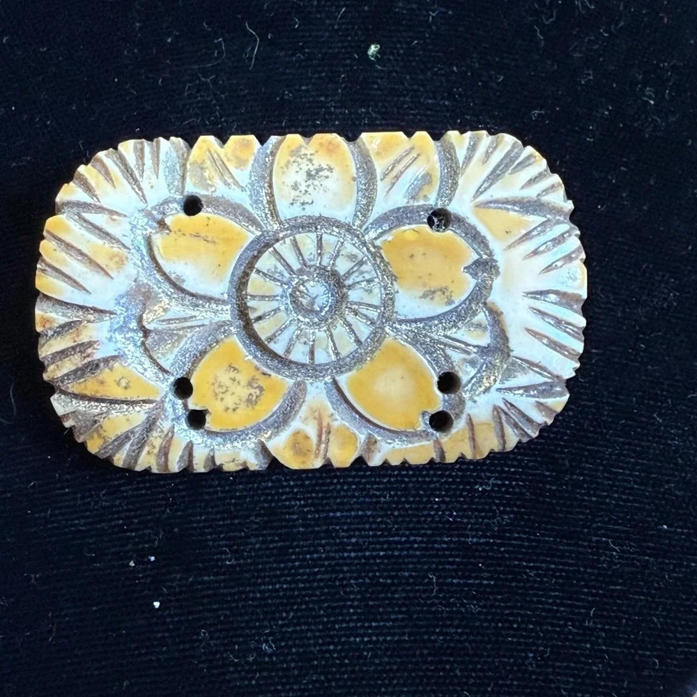 Vintage Carved Floral Brooch Yellow Cream Rectangular Scalloped Edge Pin 2.5
